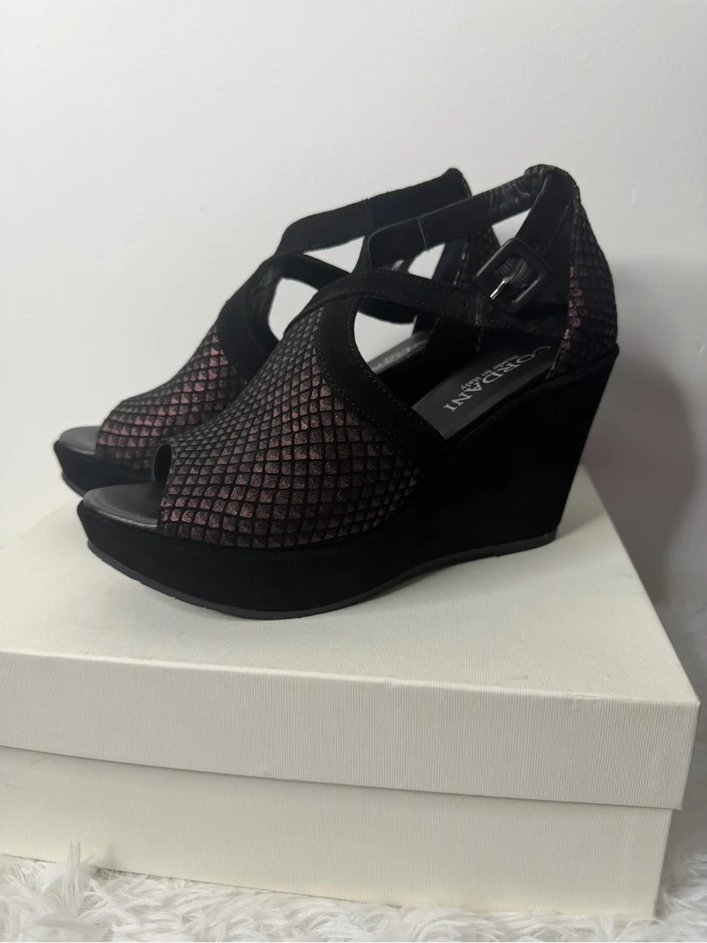 Cordani Black and Metallic Rose Textured Wedge Sandals